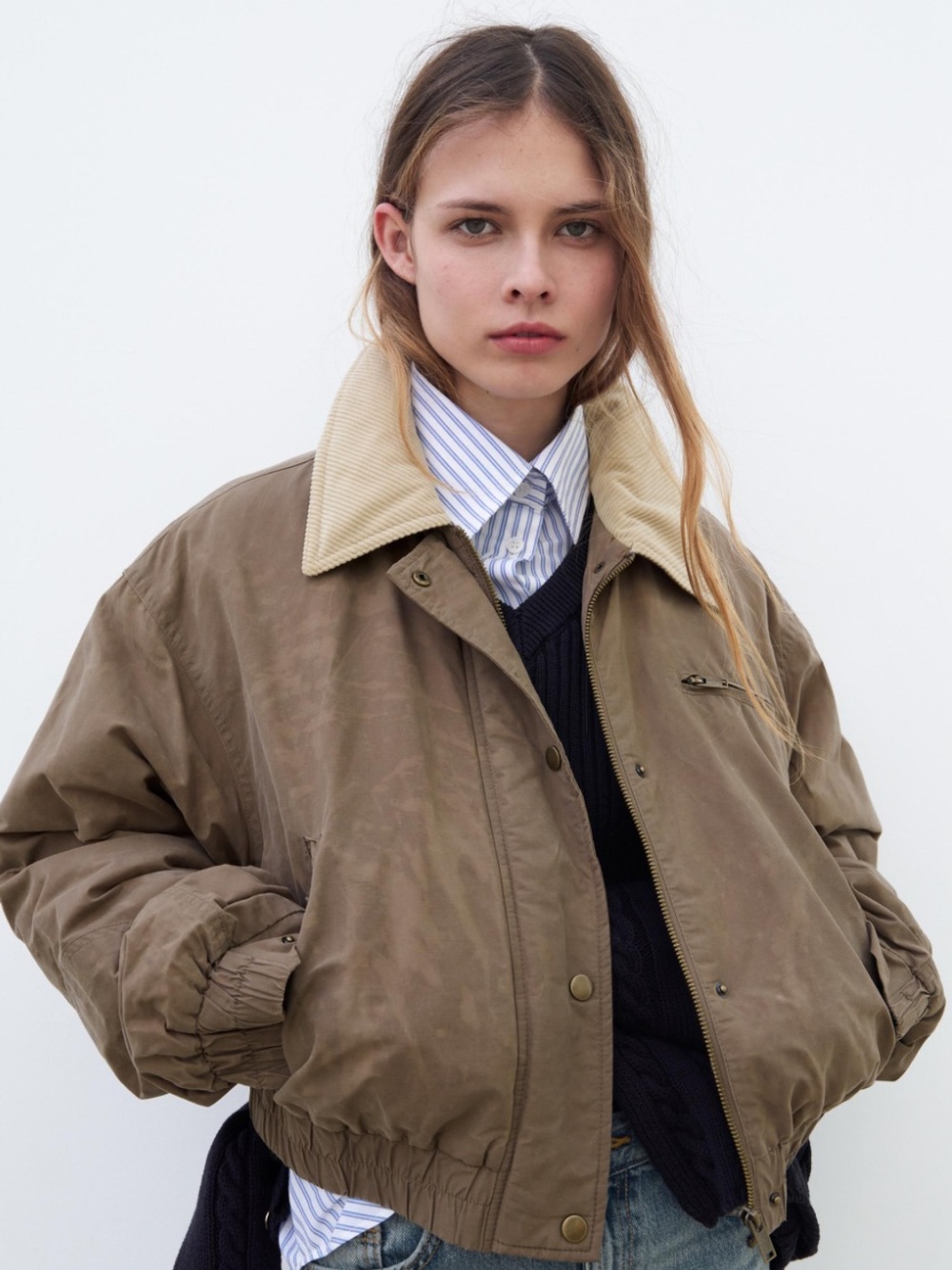 Zara Corduroy Collar Waxed Cropped Bomber Jacket